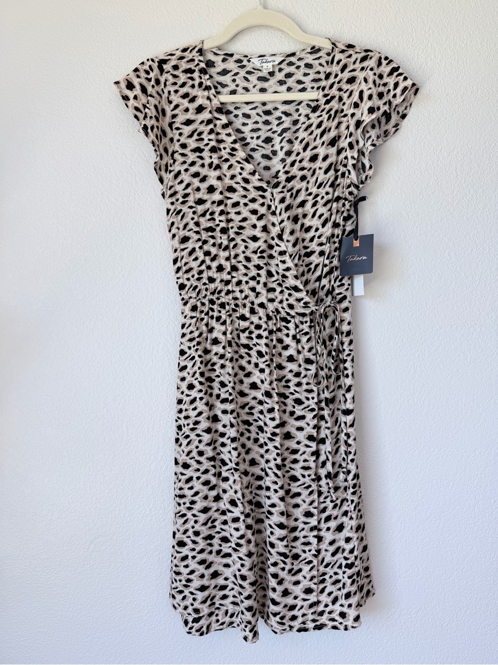 Takara NWT Leopard Print Faux Wrap Midi Dress 100% Rayon Animal Print S